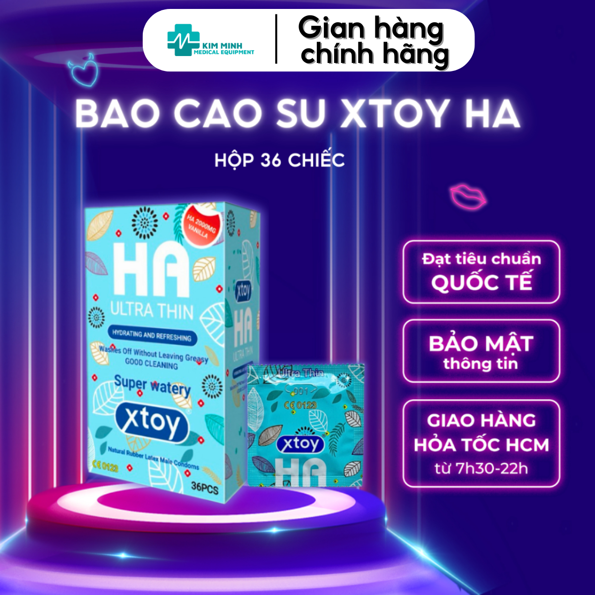 Bao cao su XTOY HA Ultra thin, siêu mỏng, siêu nhiều bôi trơn 2000mg gốc nước, hộp 36 chiếc