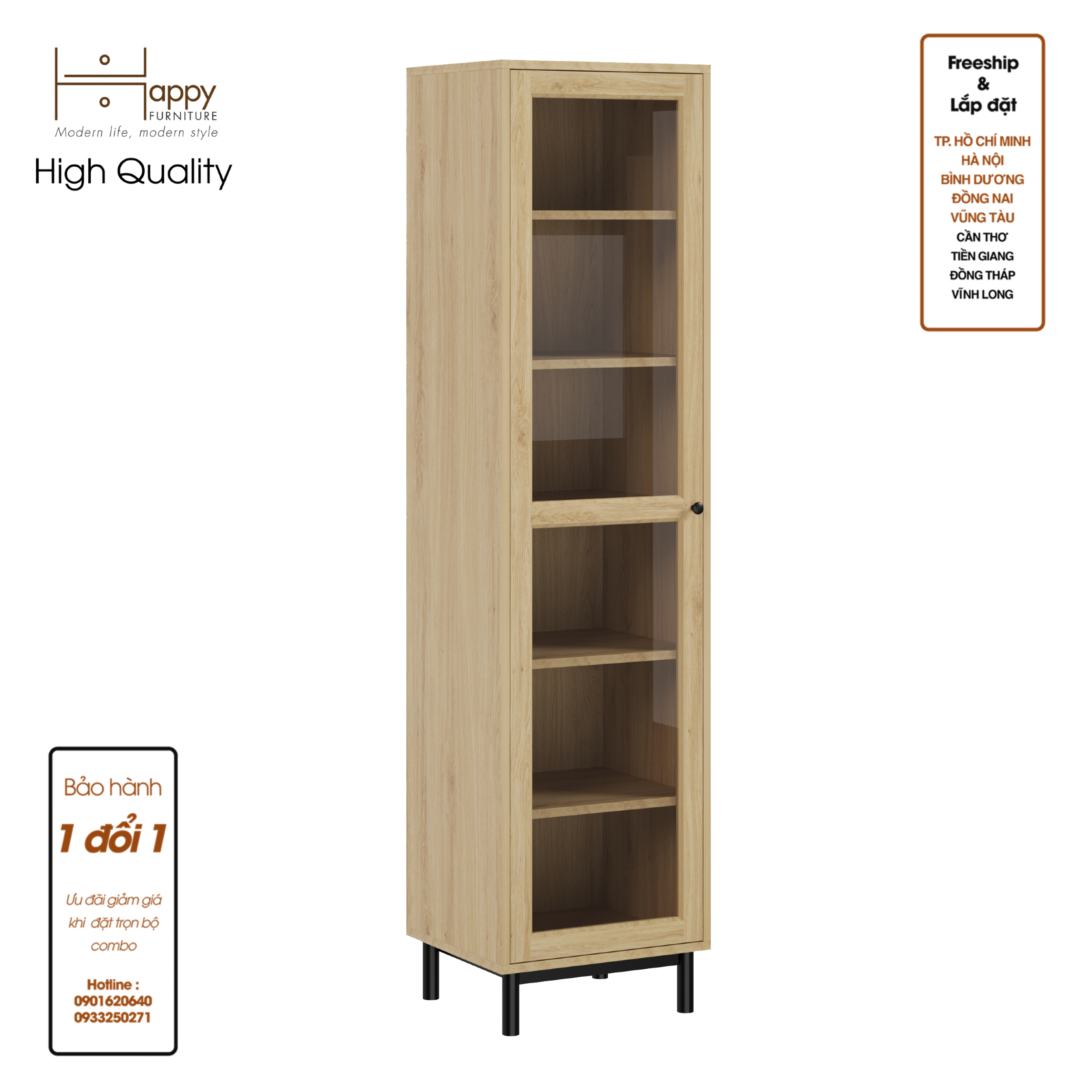 CATY , Kệ sách 6 tầng cửa kính size nhỏ - chân sắt , 45cm x 40cm x 180cm , KSA_018