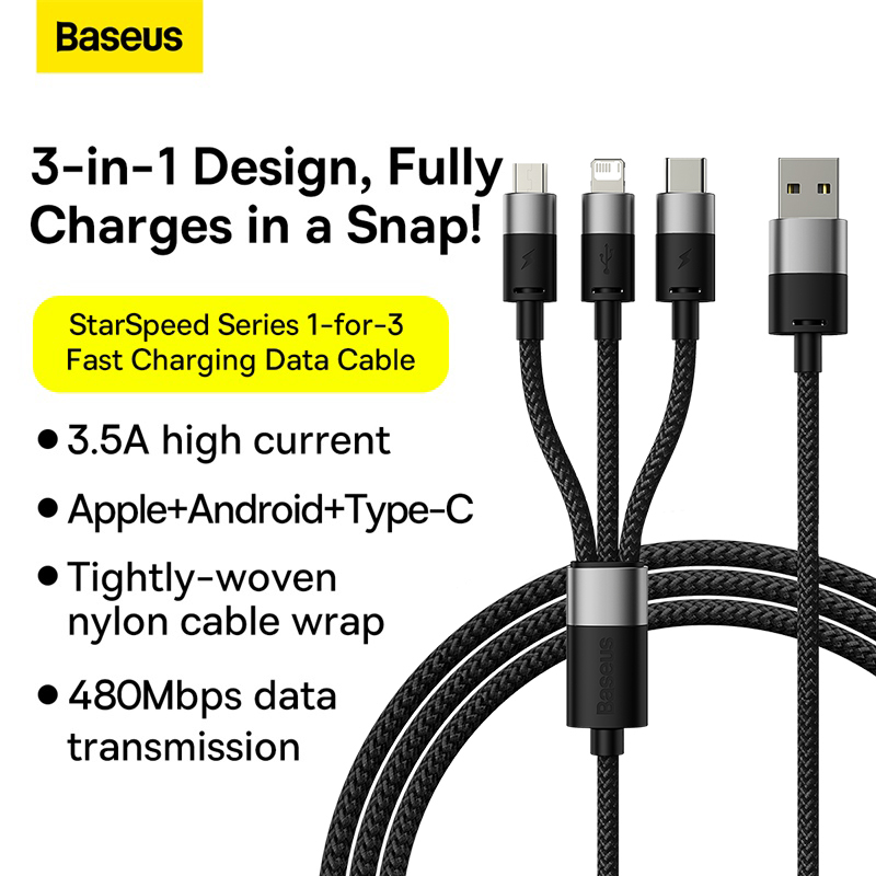 Cáp Sạc 3 Đầu Baseus StarSpeed 1-for-3 Fast Charging Data Cable USB to M+L+C 3.5A (Hàng chính hãng)