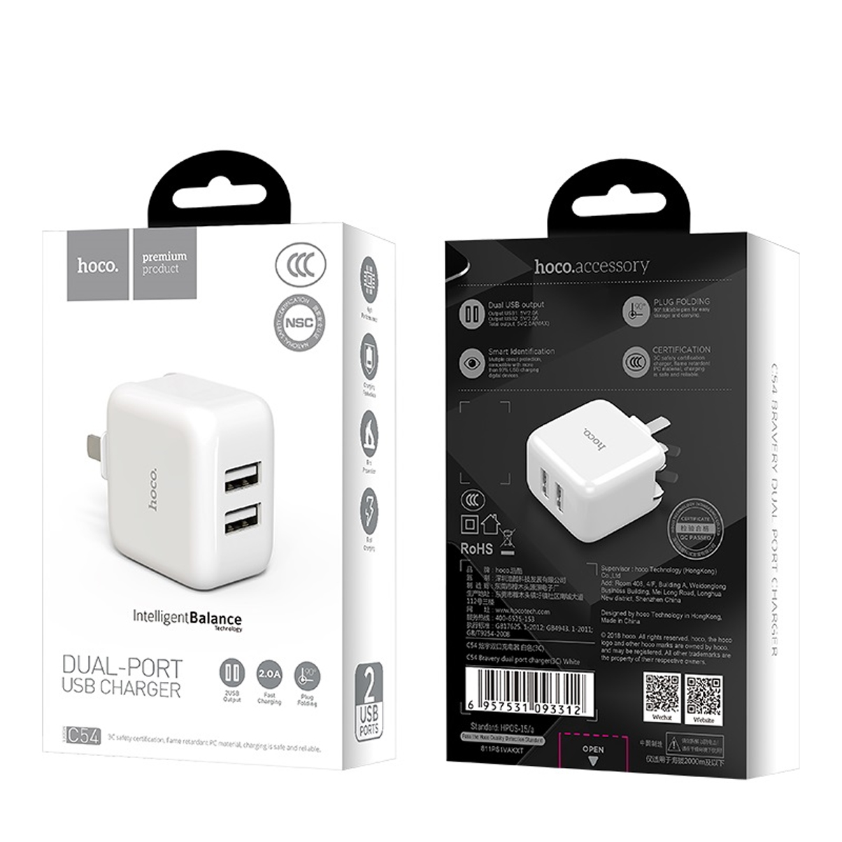 Củ sạc Nhanh Fast Charging -2 Cổng USB 2A Hoco C54  + Tặng Iring Khay - Chính Hãng