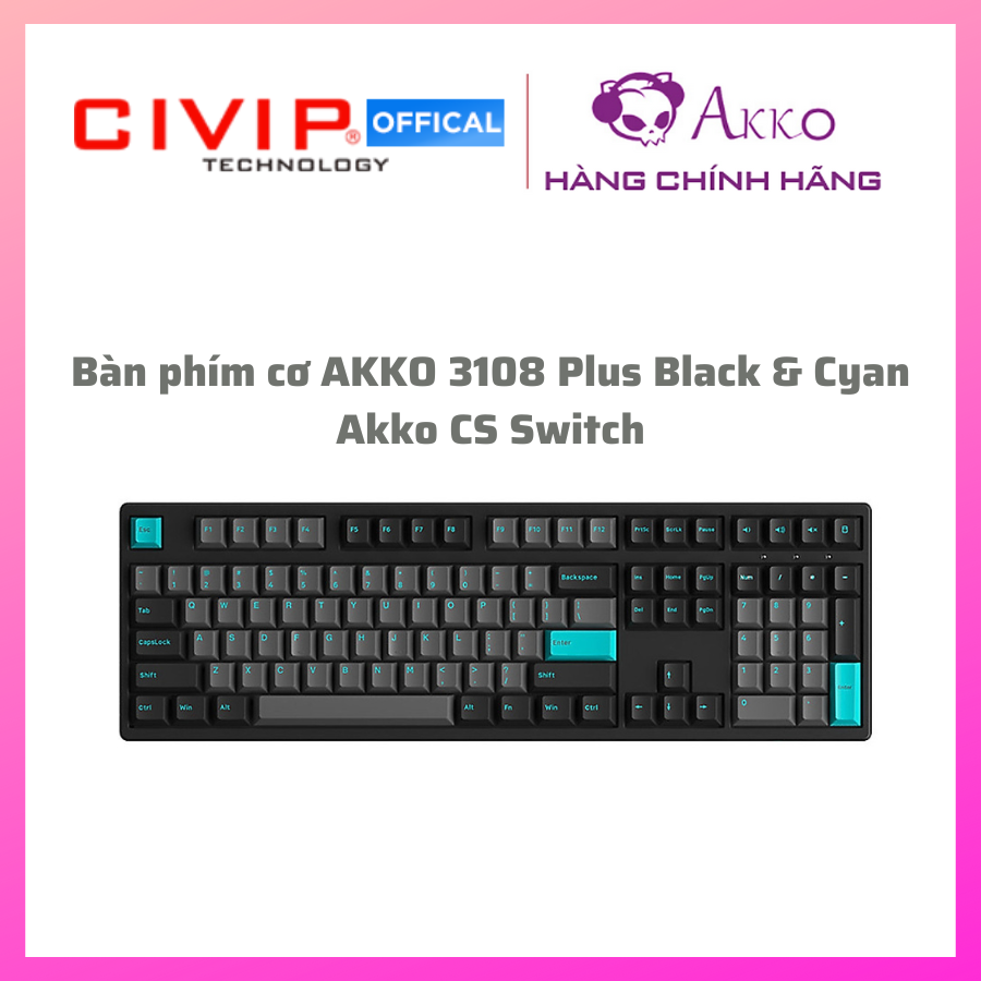 Bàn phím cơ có dây AKKO 3108 Plus Black & Cyan - Hàng chính hãng