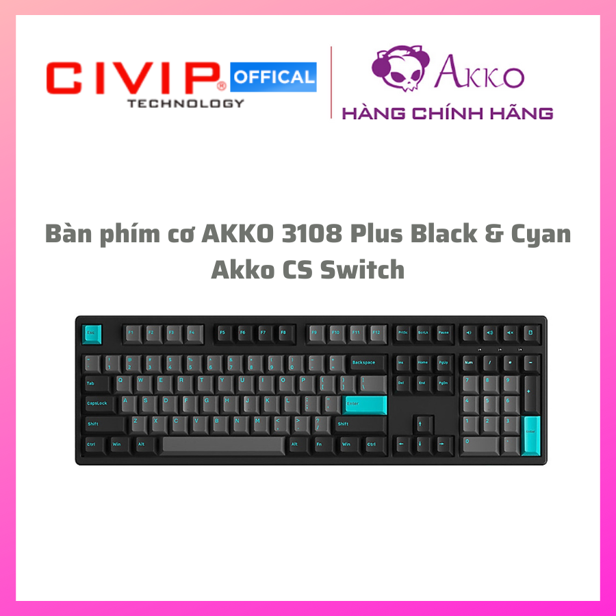 Bàn phím cơ có dây AKKO 3108 Plus Black &amp; Cyan (Foam tiêu âm / AKKO CS switch) - Hàng chính hãng