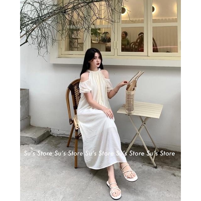 ĐẦM VÁY SUÔNG NHĂN 2 LỚP DÁNG DÀI CỔ YẾM CHUN KHOÉT VAI ĐI BIỂN SIÊU XIN