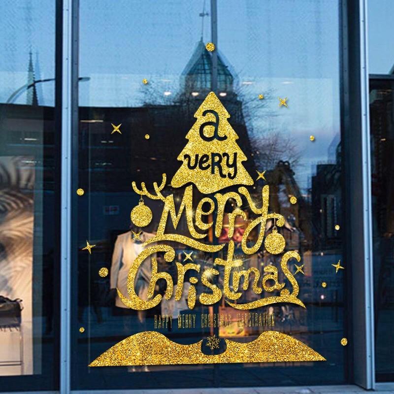 Decal trang trí Noel - Thông Chữ merry Christmas nhũ kim tuyến vàng