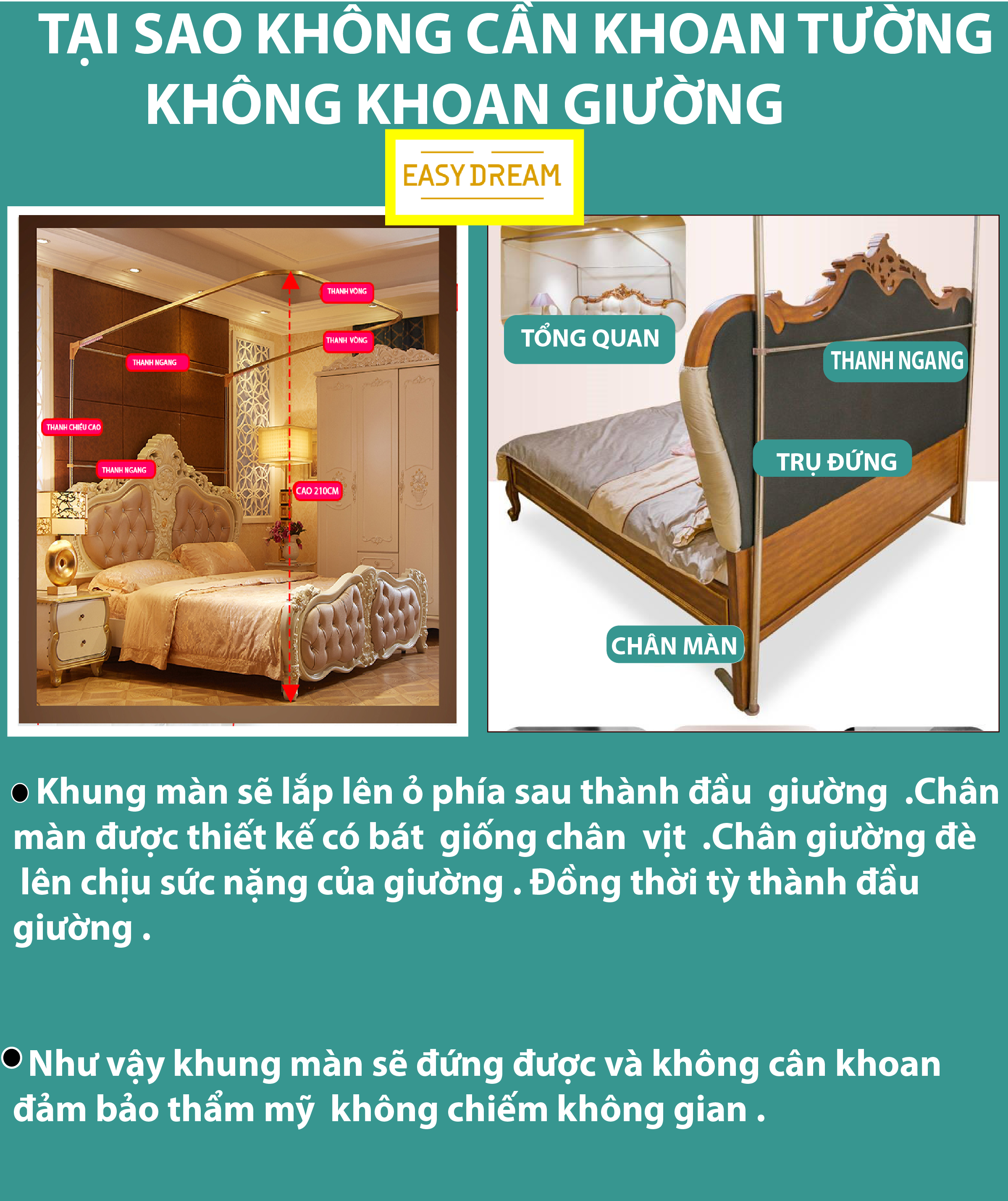 Màn Khung Không Khoan Tường  【 Bản Nâng Cấp Mới Nhất   】  Mùng khung đẹp  hiện đại cao cấp EASY DREAM chống muỗi