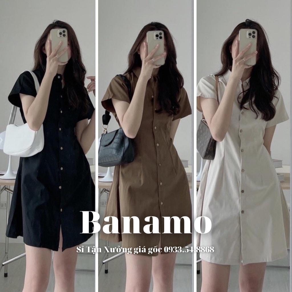 Đầm váy nữ basic cổ sơ mi cài cúc chiết eo lưng chun nhiều màu thời trang Banamo fashion váy nữ cộc tay nhiều màu 5915