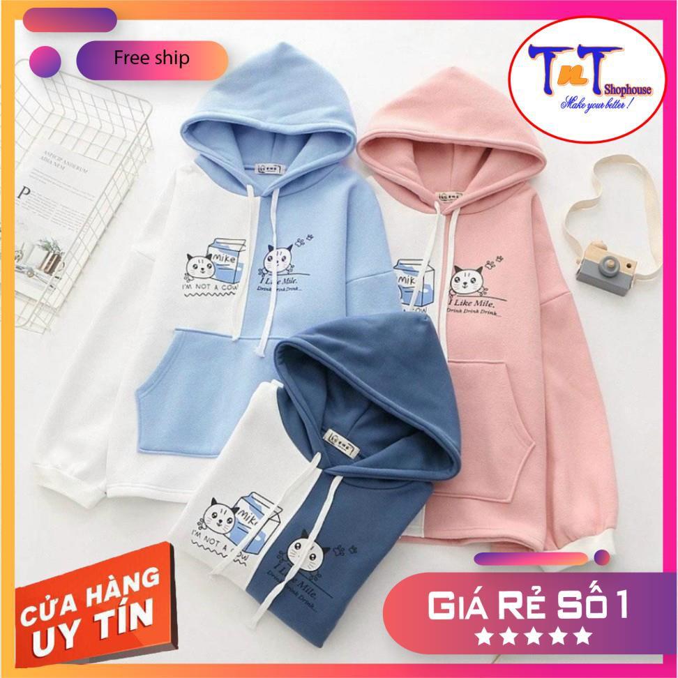 KN20 Áo Khoác Nỉ Hoodie 2 Màu Hình Mèo Phối Túi Áo Nỉ Dài Tay Cho Nữ thời trang sinh viên học sinh cao cấp