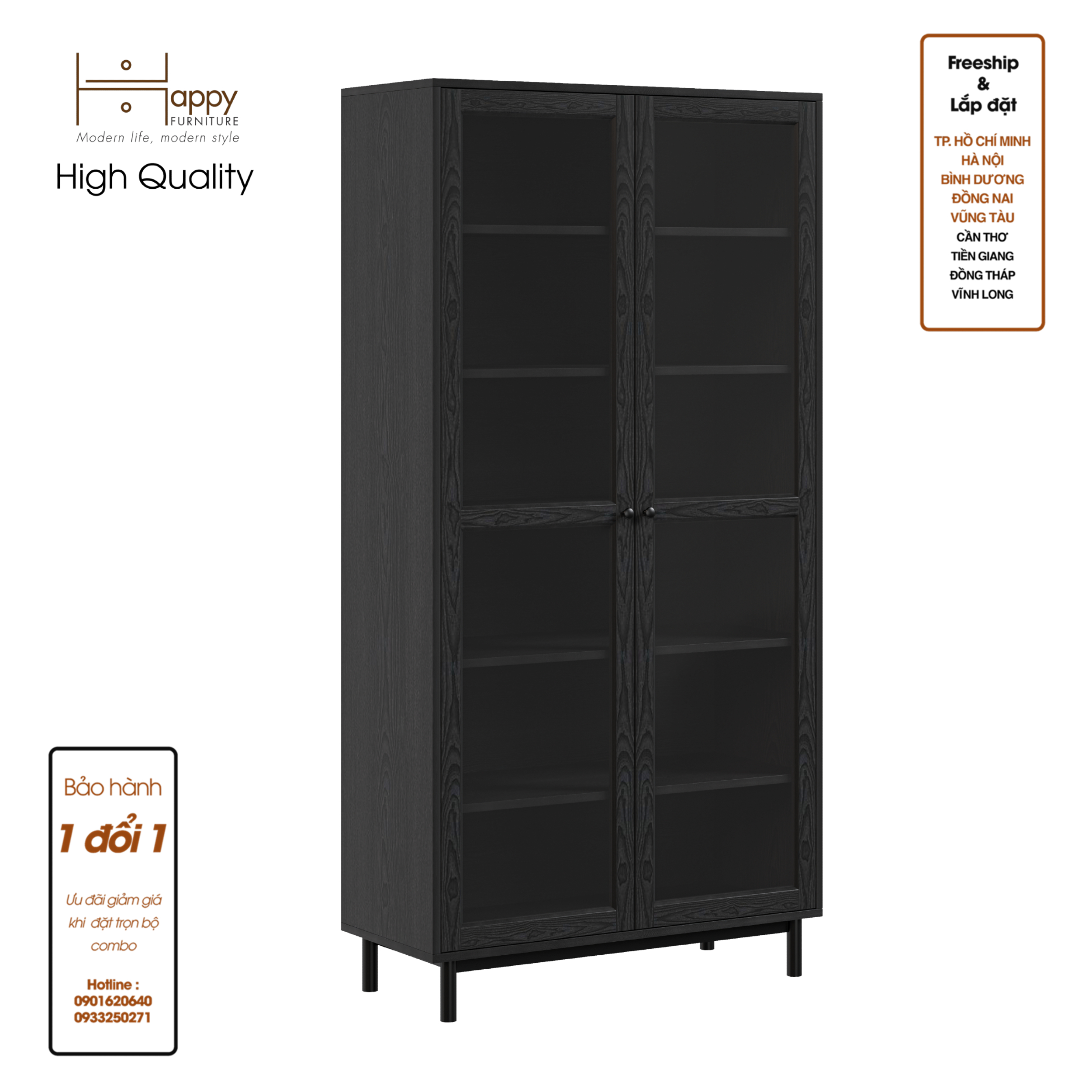 CATY , Kệ sách 6 tầng cửa kính - chân sắt , 90cm x 39cm x 180cm , KSA_021