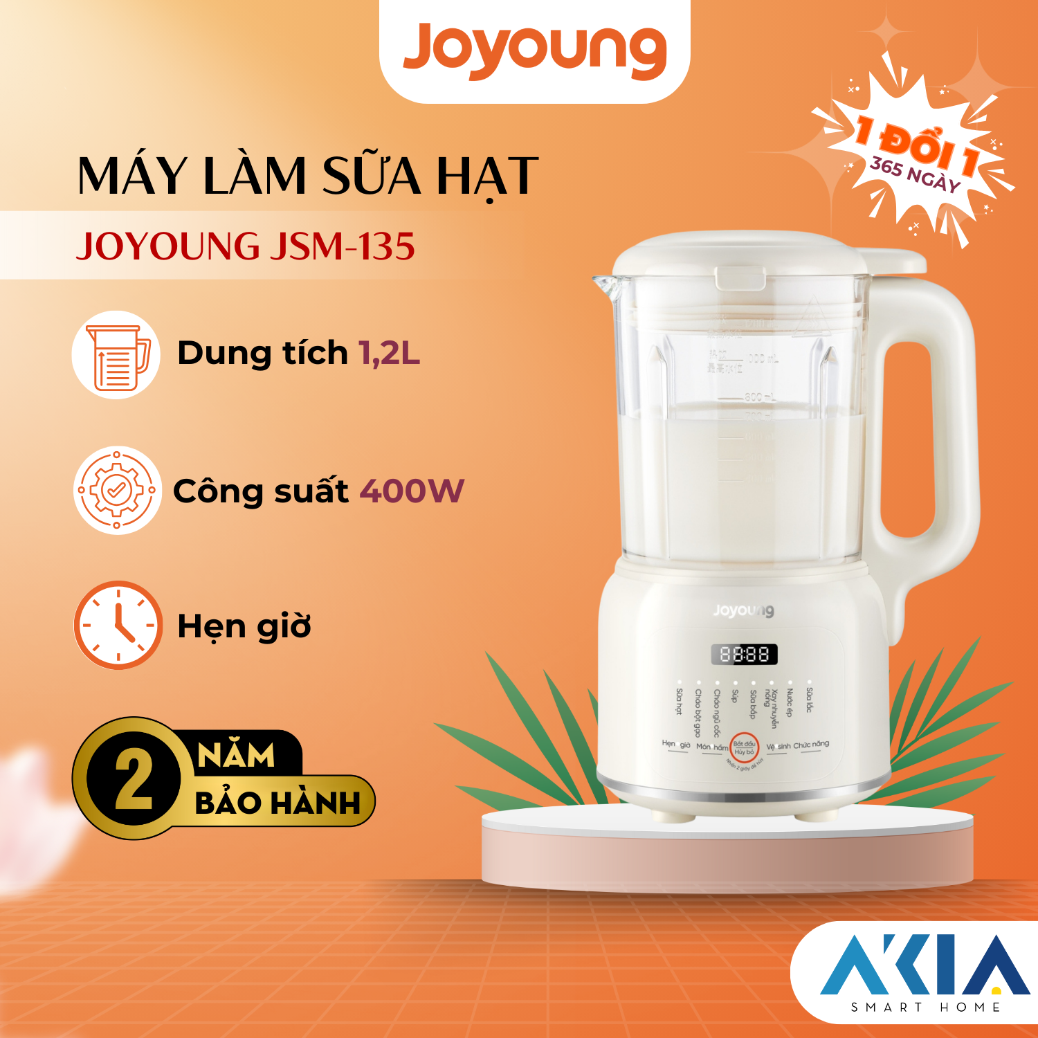 Máy làm sữa hạt Joyoung JSM-135 - Dung tích 1.2L, Công suất 400W, chữ tiếng Việt - Hàng chính hãng