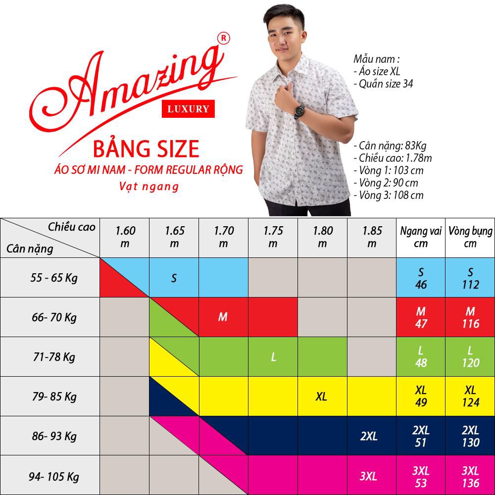 Áo sơ mi mùa hè cho nam, vải tole bông, tay ngắn, vạt ngang, có size lớn 105kg, thương hiệu Amazing