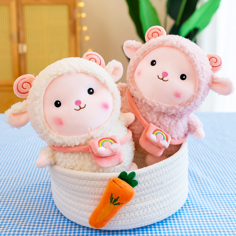 Gấu bông cừu lông xù đeo túi 3 màu, quà tặng thú nhồi bông dễ thương cho bé