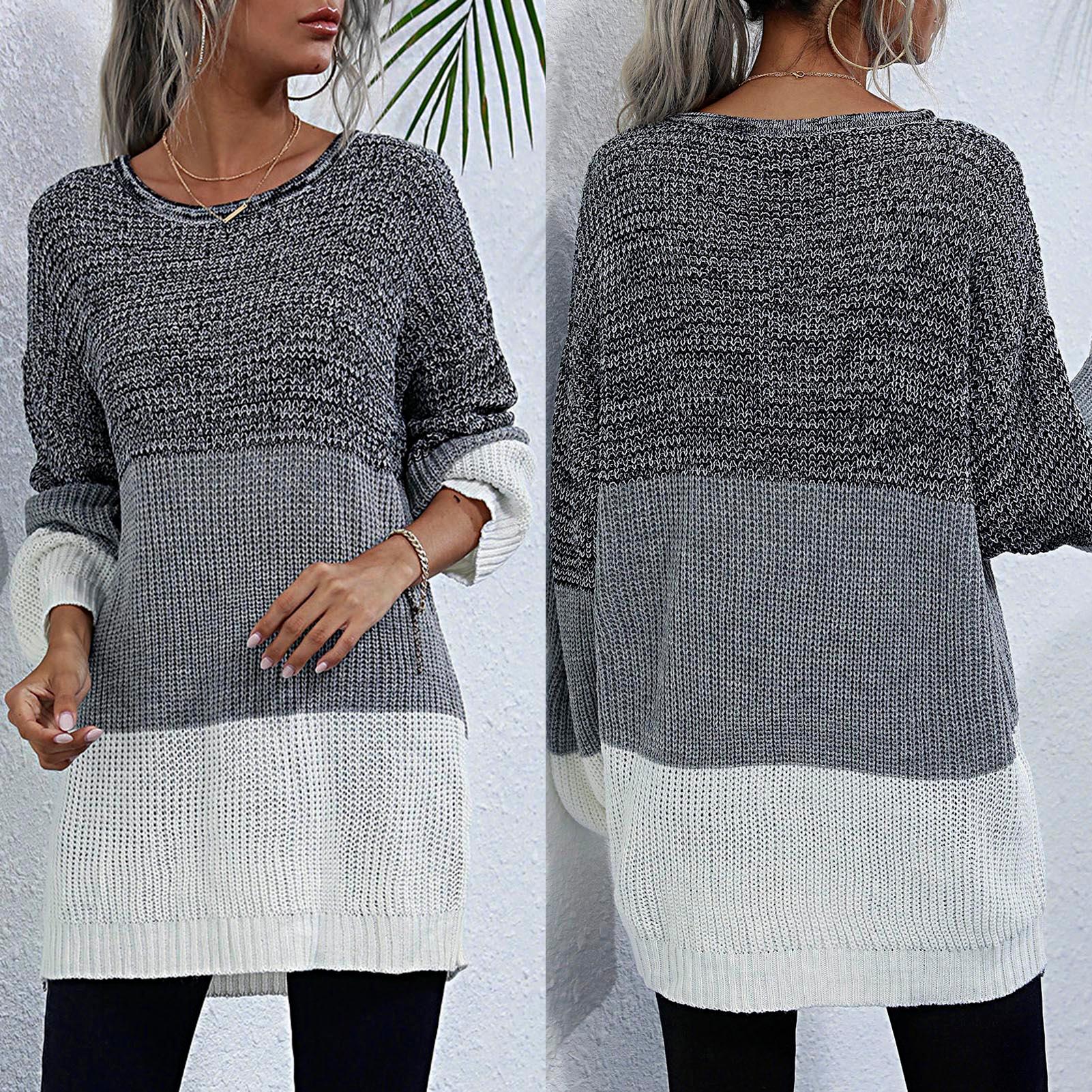 Women Knitted Sweater Splicing O Neck Long Sleeve Soft Autumn Winter Loose Pullovers Tunics Casual Jumper