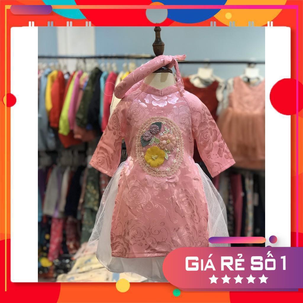 Set áo dài lụa đính hoa, gồm áo, chân váy, mấn. Size 2-8T