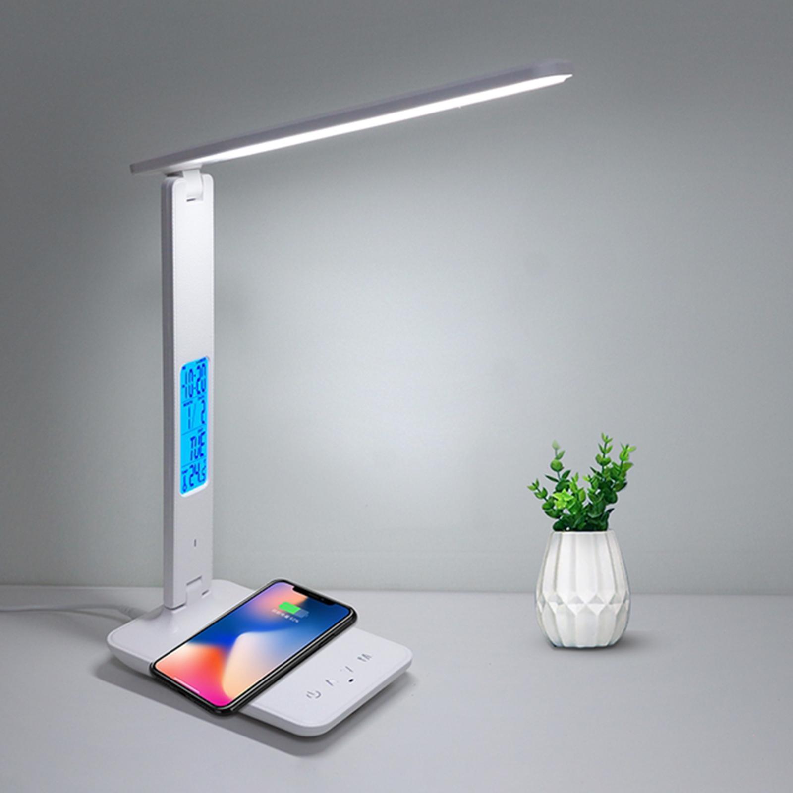 QI Wireless Charging LED Desk Lamp with Calendar Temperature Clock LCD Display Eye Protect Reading Light Table Lamp