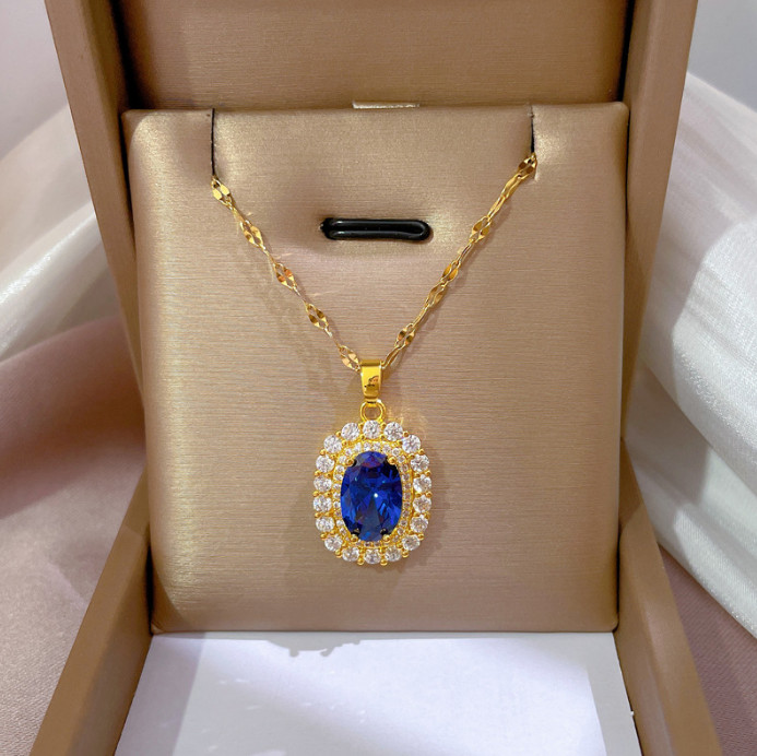 Dây Chuyền Titan Mặt Đá Sapphire Đính Kim Cương Sang Trọng TT 4194