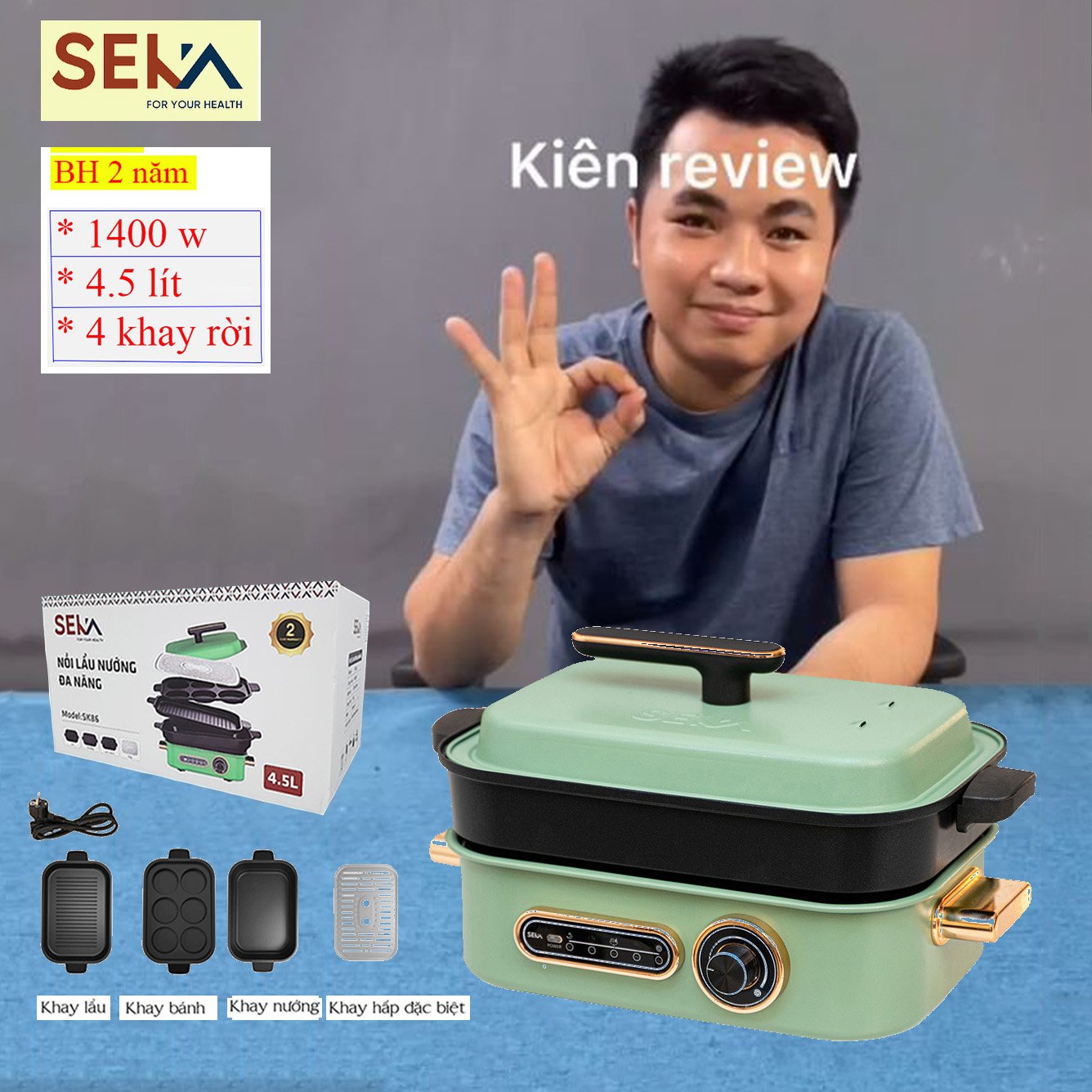 Nồi Lẩu Điện Đa Năng SEKA 1400W - Kết Hợp 4 Trong 1 [Lẩu, Nướng, Hấp, Làm bánh] - Kiểm Xoát Nhiệt Độ An Toàn, Làm Nóng Nhanh, Gia Nhiệt Đều, Lớp Phủ Chống Dính Ceramic Cao Cấp - HÀNG CHÍNH HÃNG.