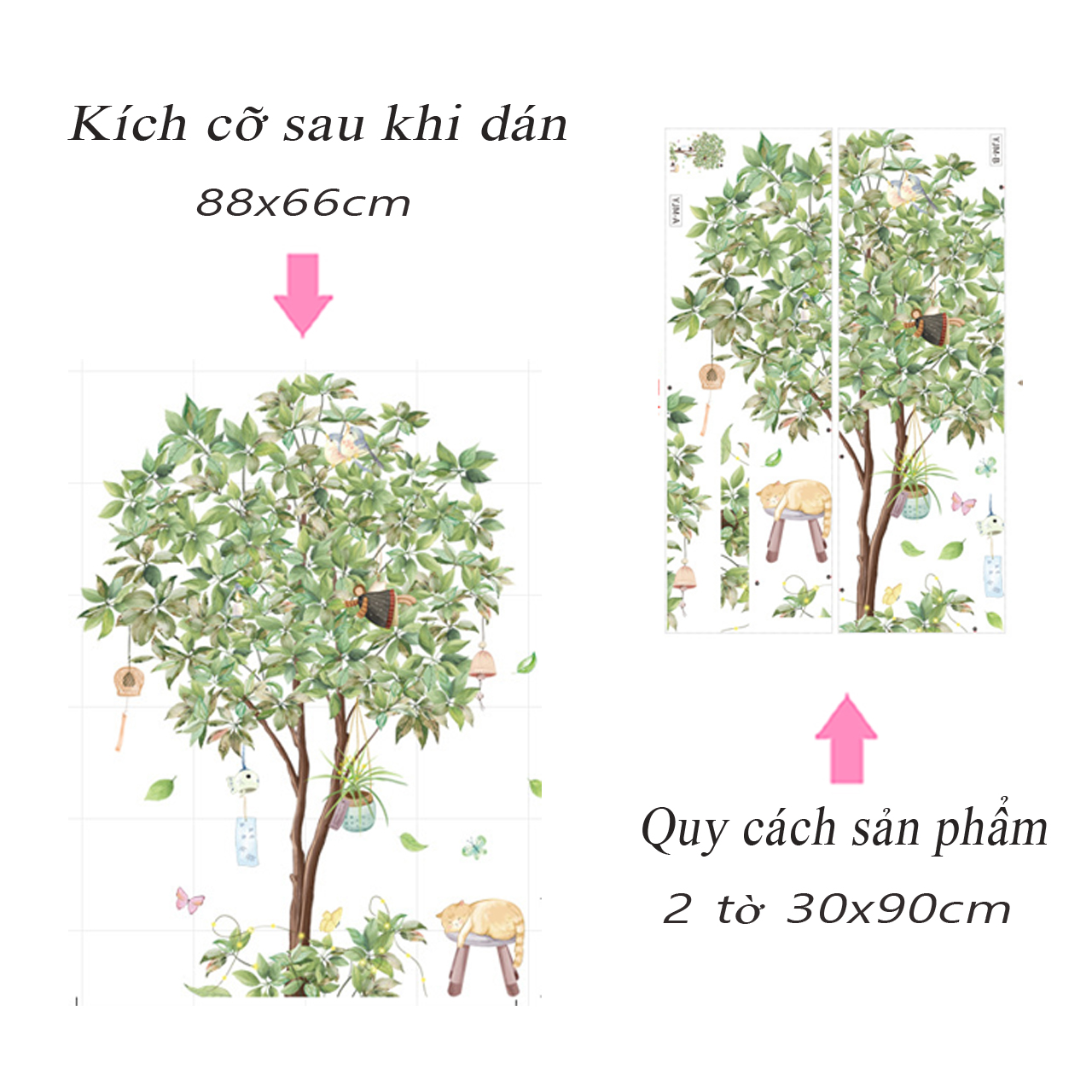 Decal dán tường trang trí phòng khách, quán cafe- Mèo vàng bên cây xanh-