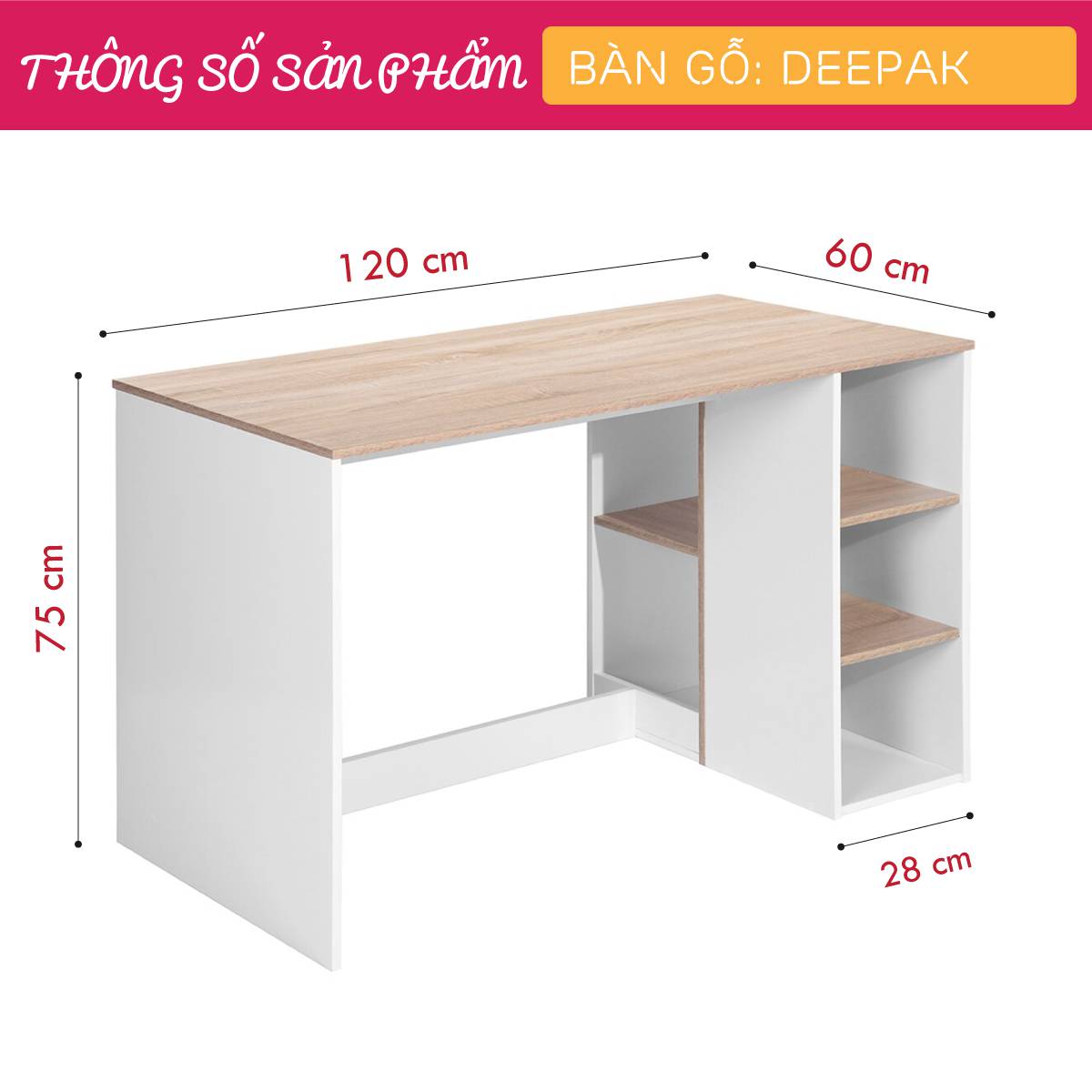 Bàn làm việc, bàn học gỗ hiện đại SMLIFE Deepak | Gỗ MDF dày 17mm chống ẩm | D120xR60xC75cm