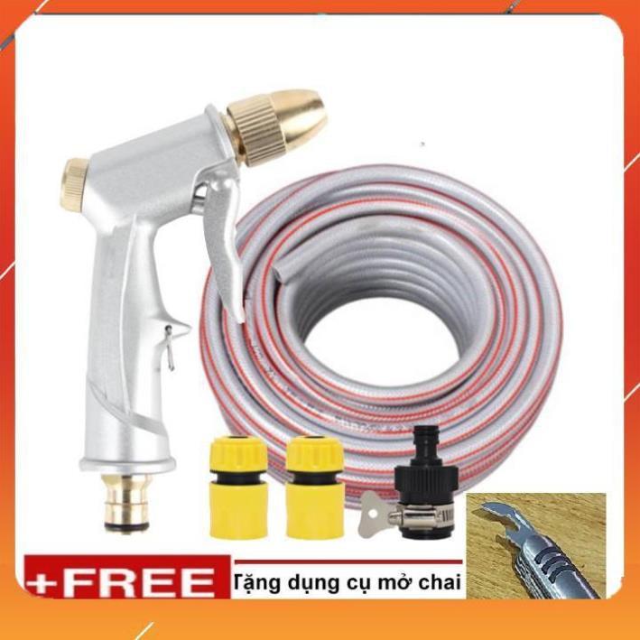 ️Evoucher Bộ dây vòi xịt nước rửa xe, tưới cây , tăng áp 3 lần, loại 20m 206701 đầu đồng, cút,nối đen+ mở chai