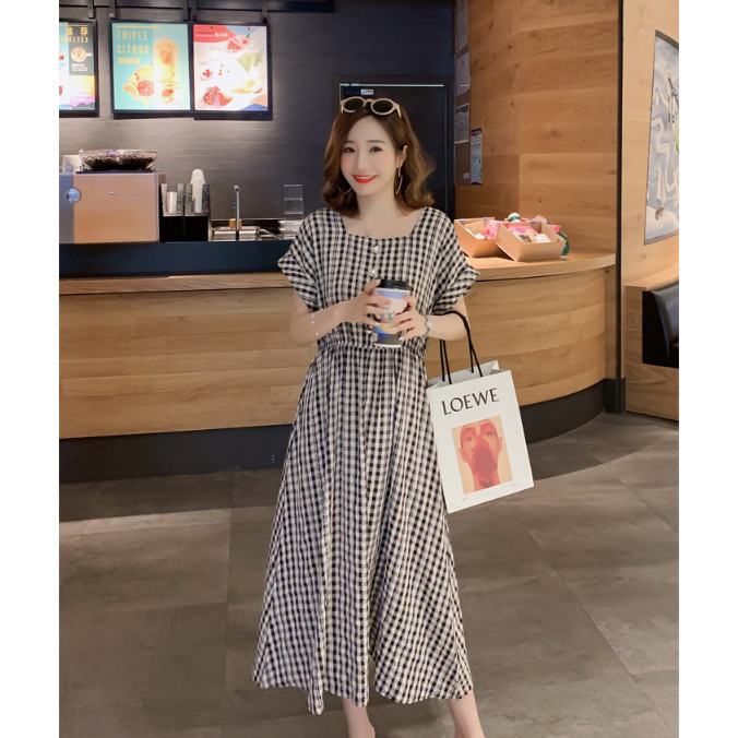 Đầm, Váy Bầu Công Sở Dài Qua Gối Azuno Az1304 Dáng Suông,Ngắn Tay Cho Mùa Hè, Họa Tiết Kẻ Caro Dễ Thương, Cổ Vuông Thời Trang