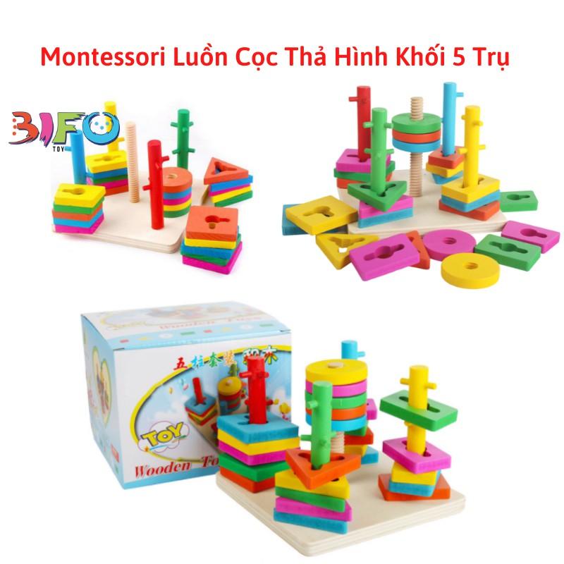 Đồ chơi Montessori luồn cọc thả hình khối 5 trụ đa dạng cho bé luyện kĩ năng tay khéo léo, học hình khối và màu sắc