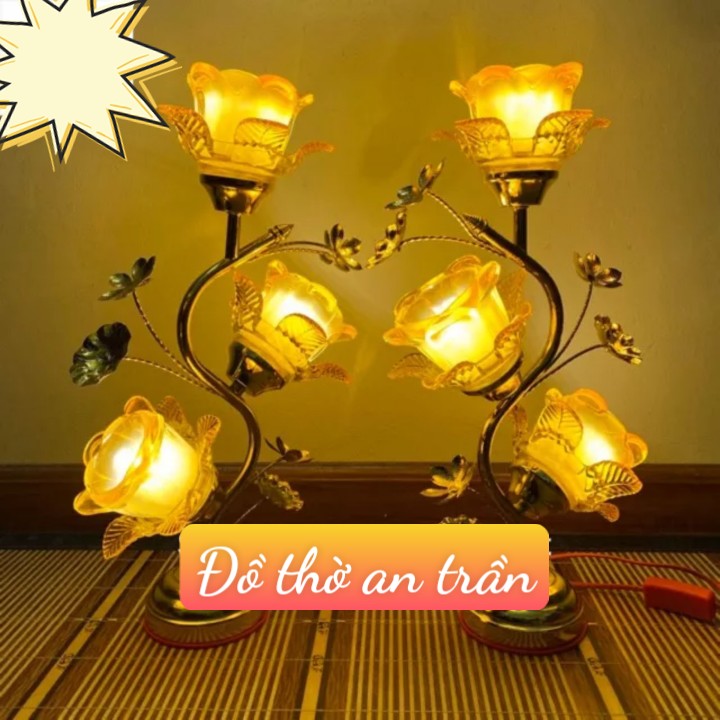 Đôi đèn thờ thủy tinh 3 bông hoa muống hàng loại 1 bóng đèn Led tiết kiệm điện năng