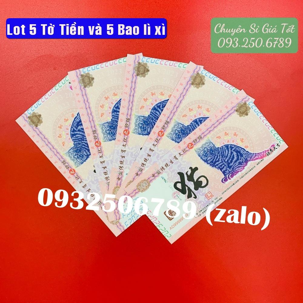 Combo 5 tờ tiền con Mèo Trung Quốc 100 may mắn lì xì tết - tặng kèm bao lì xì 2023