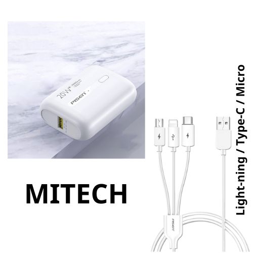 Combo Sạc dự phòng PISEN QUICK Power Tiny 10000mAh siêu nhỏ, sạc nhanh + Cáp sạc nhanh Pisen 3in1 (Light-ning / Type-C / Micro ) 1200mm -Hàng chính hãng