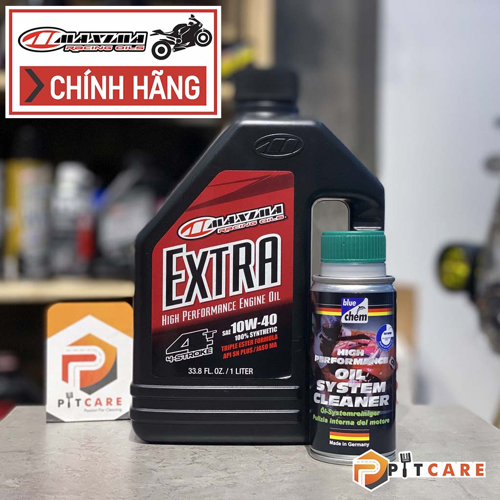 Combo Thay Nhớt Xe Máy Maxima Extra 10W40 Có Chiết Lẻ Và Dung Dịch Súc Rửa Động Cơ Bluechem Oil System Cleaner 50ml