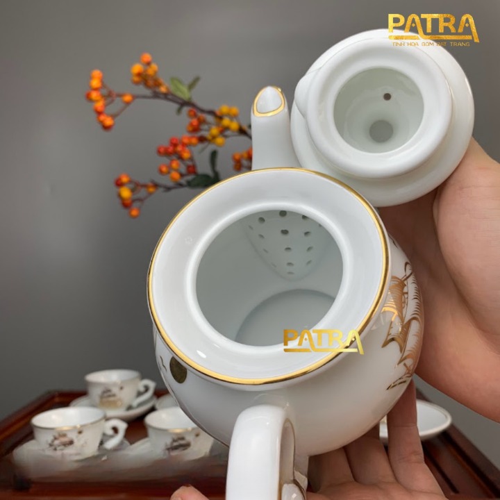 Bộ ấm chén uống trà cao cấp , bộ ấm trà Bát Tràng - vinh hoa phú quý men trắng