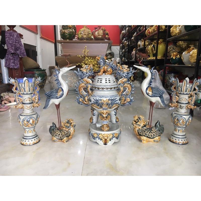 BỘ ĐỈNH HẠC SỨ MEN RẠN ĐẮP NỔI BÁT TRÀNG