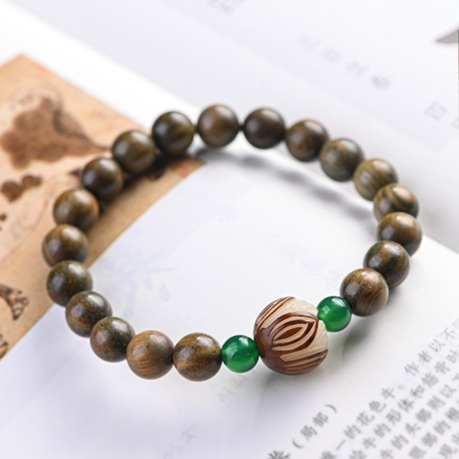 VÒNG TAY CHUỖI HẠT PHẬT GIÁO CÓ GỖ ĐÀN HƯƠNG XANH ĐỔI MÀU VÀ HẠT BỒ ĐỀ KHẮC HOA SEN