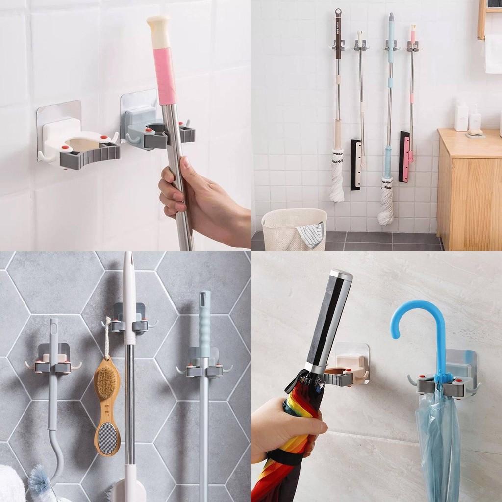 Móc Dán Tường Kẹp Giữ Cây Lau Nhà Kèm 2 Móc Phụ Treo Đồ - Móc Treo Chổi, Treo Ô, Đồ Dùng Đa năng cao cấp