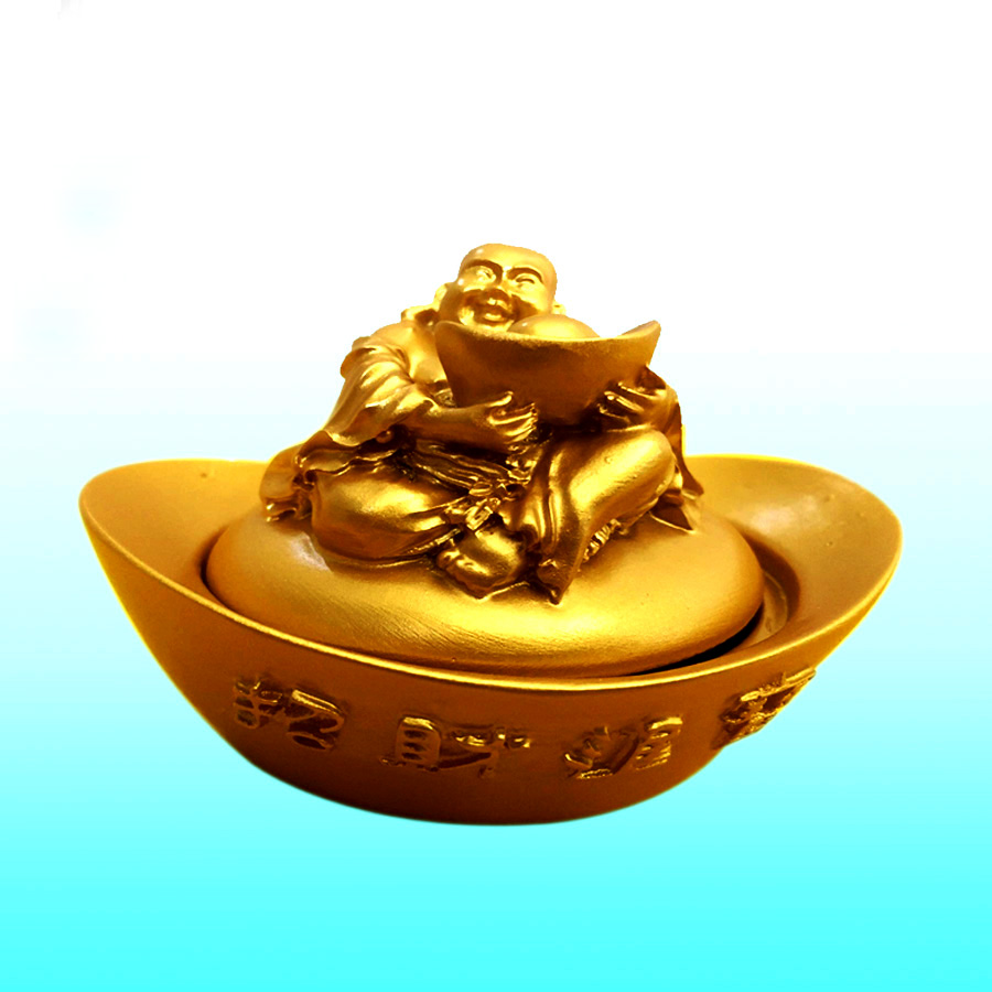 Thỏi vàng phong thủy trang trí chiêu tài lộc may mắn, Tượng Phật Di Lặc ngồi trên thỏi vàng để bàn làm việc dài 8 cm siêu bền TPTPT060