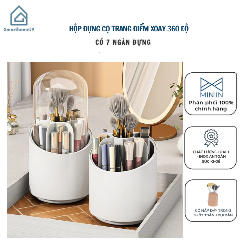 Hộp Đựng Cọ Trang Điểm Xoay 360 Để Bàn Trong Suốt Chống Bụi Tiện Dụng- Kệ Đựng Mỹ Phẩm Để Bàn Có Nắp Tiện Lợi - HÀNG CHÍNH HÃNG MINIIN