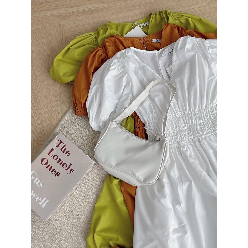 Váy Cổ V Chun Eo Tay Bồng Chât Thô Dáng Dài Nhiều Màu, Labibi