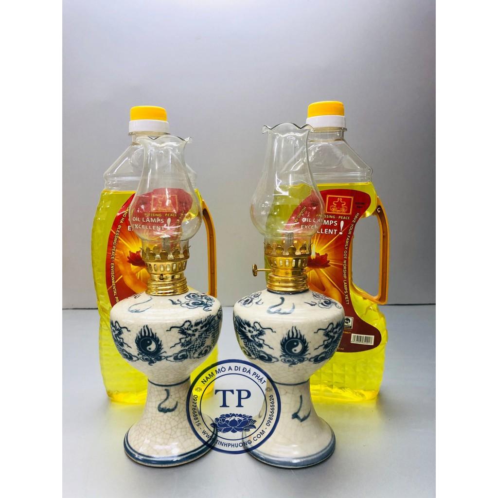 COMBO 2 CHIẾC ĐÈN THỜ DẦU MEN RẠN VẼ RỒNG( TẶNG KÈM 1 CHAI DẦU 500ML) KH12112