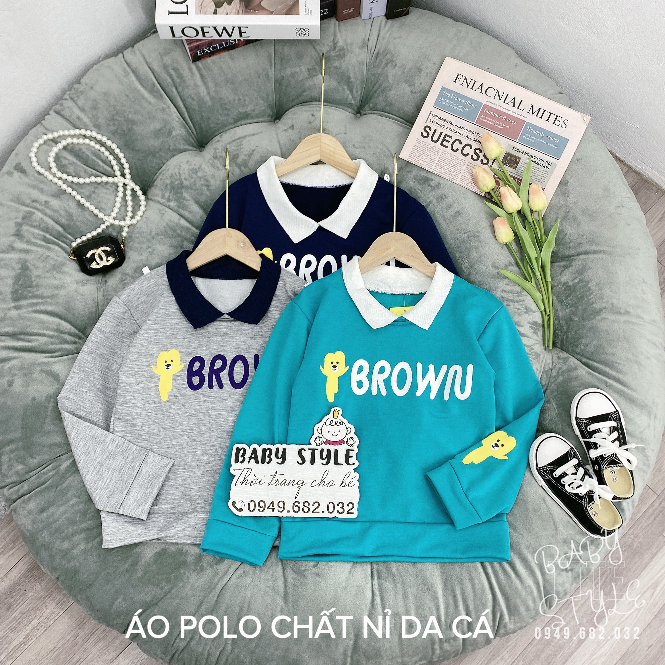 Áo thu đông bé trai, bé gái &quot;BROWN&quot; 14-45kg, Áo nỉ sweater ấm áp cho bé 4-15 tuổi. Vải da cá dày dặn. Hàng may kỹ. G48