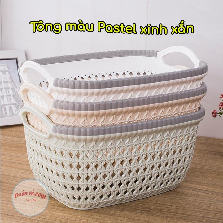 Rổ nhựa giả đan mây có quai cầm size nhỏ - Giỏ Hàn xinh xắn
