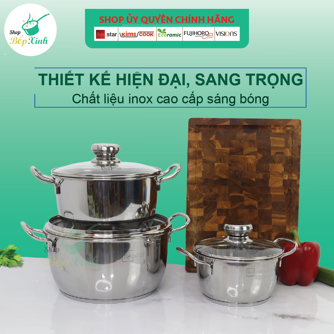 Bộ nồi inox và chảo chống dính cao cấp Fivestar 4 món 3 đáy từ , nắp kính ( tặng 1 vá canh)