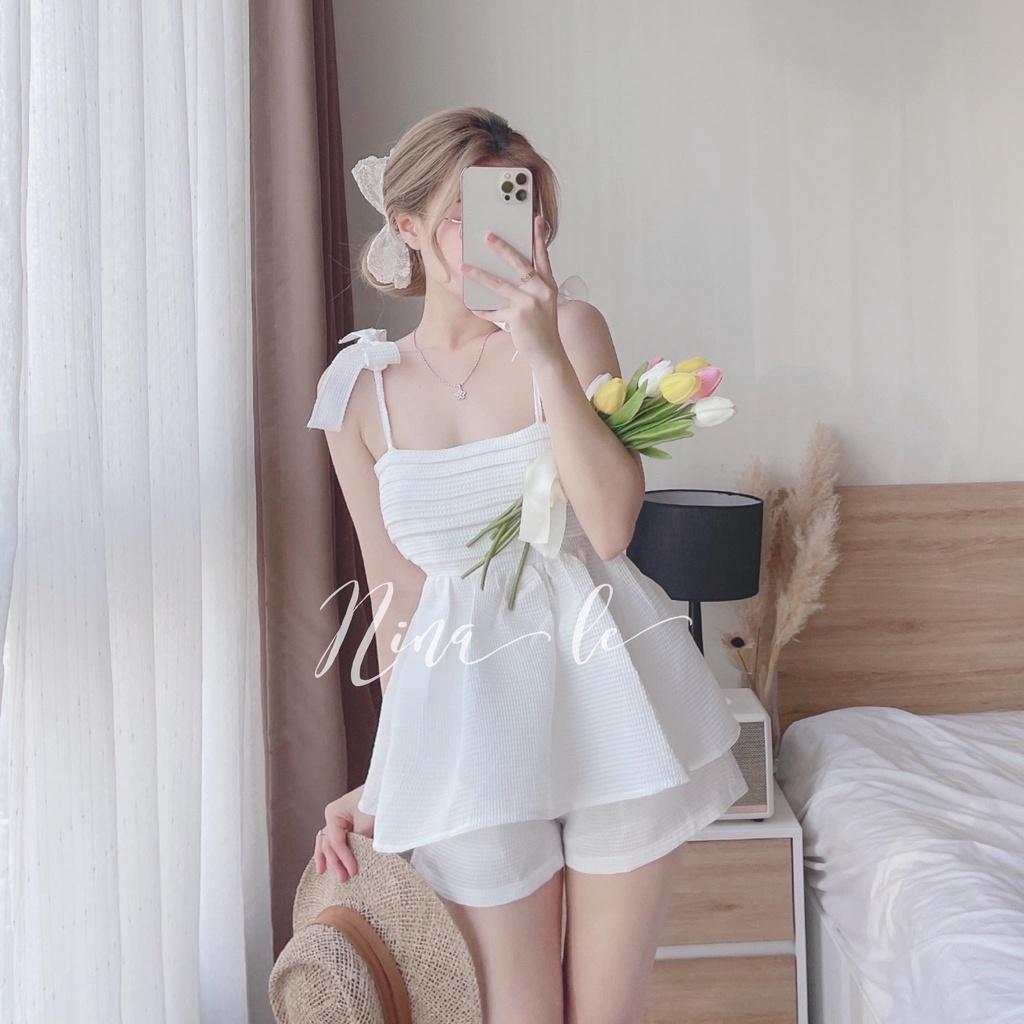 Sét bộ đồ nữ váy xòe 2 dây xếp ly phối quần đùi màu sắc đa dạng dạo phố, đi biển