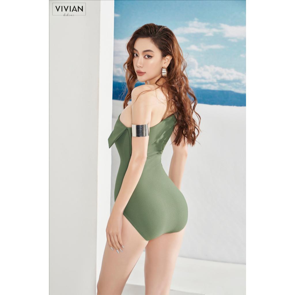 Đồ bơi nữ cao cấp dạng một mảnh lệch vai bọc viền bản lớn - màu xanh rêu - VS079_MS
