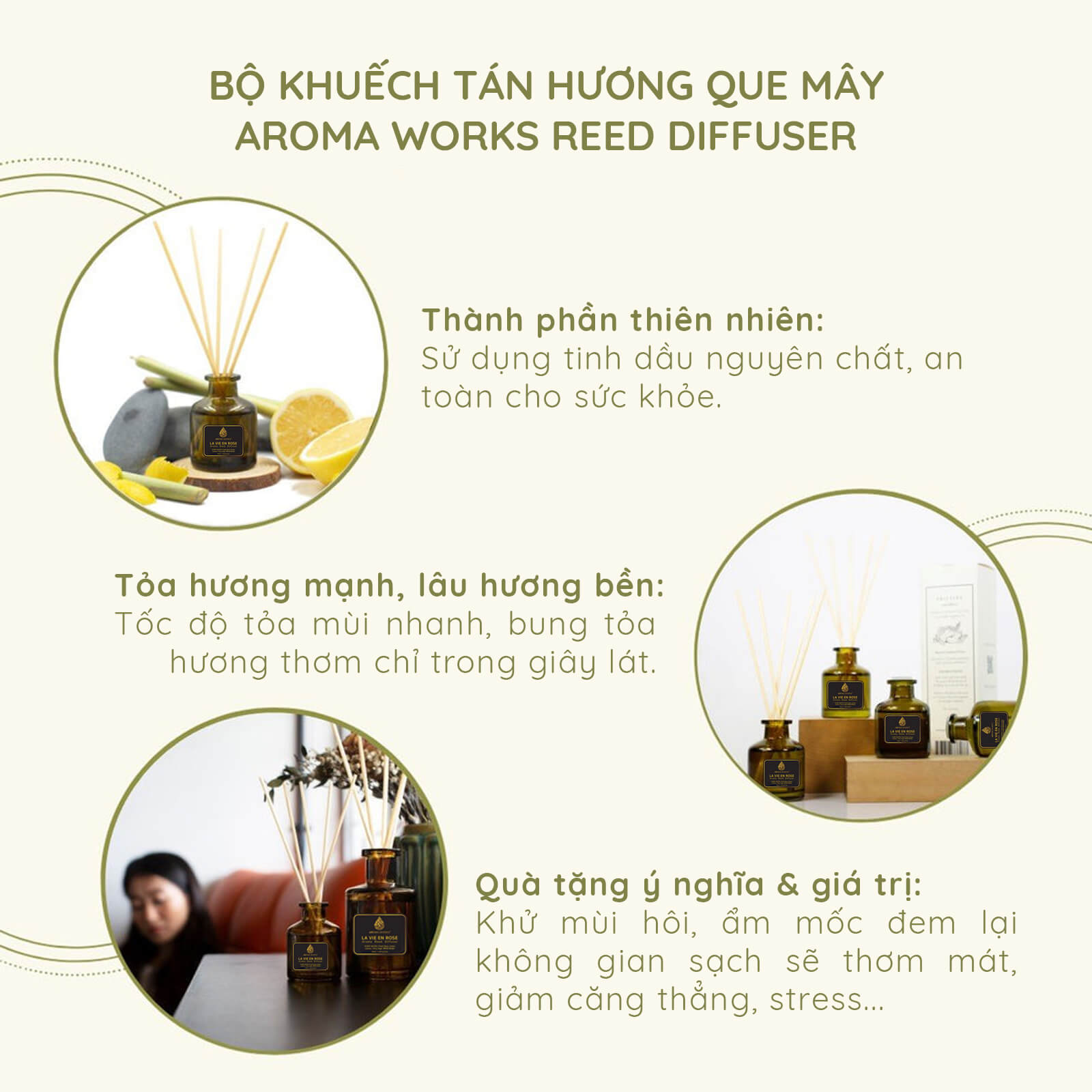 Tinh Dầu Tán Hương Thơm Phòng Cao Cấp Que Mây Aroma Works Reed Diffuser - Lazy Weekend