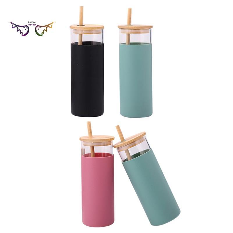 2 Pcs Bamboo Cover Glass Cup with Bamboo Straw Glass Juice Cup Silicone Sleeve Glass Water Cup Leak-Proof Black Green