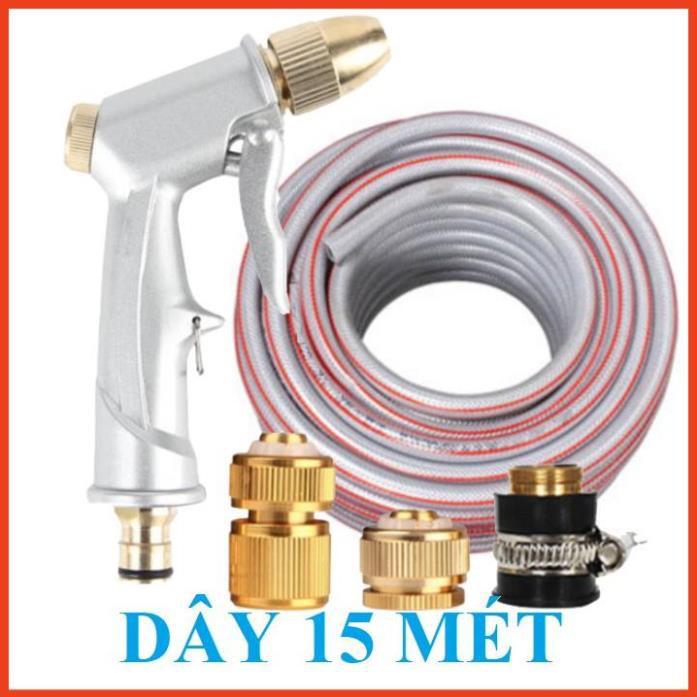 Bộ dây vòi xịt nước rửa xe, tưới cây . tăng áp 3 lần, loại 15m 206701 đầu đồng,cút đồng