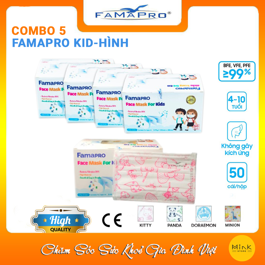 [HỘP - FAMAPRO MAX KID] - khẩu trang y tế trẻ em kháng khuẩn 3 lớp Famapro Max Kid (50 cái/ hộp) - COMBO 5 HỘP