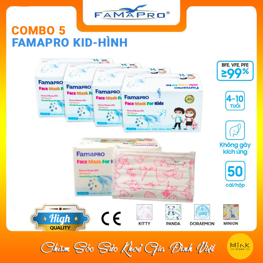 - khẩu trang y tế trẻ em kháng khuẩn 3 lớp Famapro Max Kid - COMBO 5 HỘP