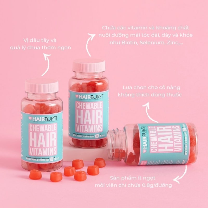 Kẹo Dẻo Vitamin HAIRBURST Chewable Hair Vitamins Chăm Sóc, Kích Thích Mọc Tóc 60 Viên