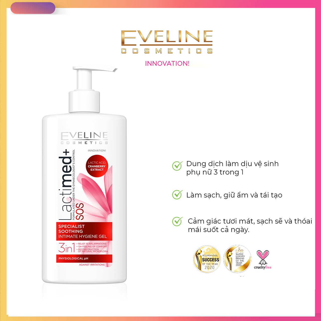 Gel vệ sinh phụ nữ Lactimed Eveline tăng cường bảo vệ chống lại vi khuẩn, nấm và nhiễm trùng - Chai 250ml