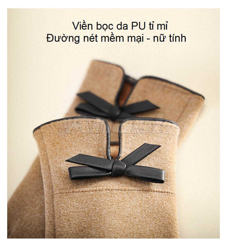 Găng tay chống nắng/ mùa đông cho nữ Anasi OLV14 đính nơ da - Vải dày dặn, tích hợp cảm ứng